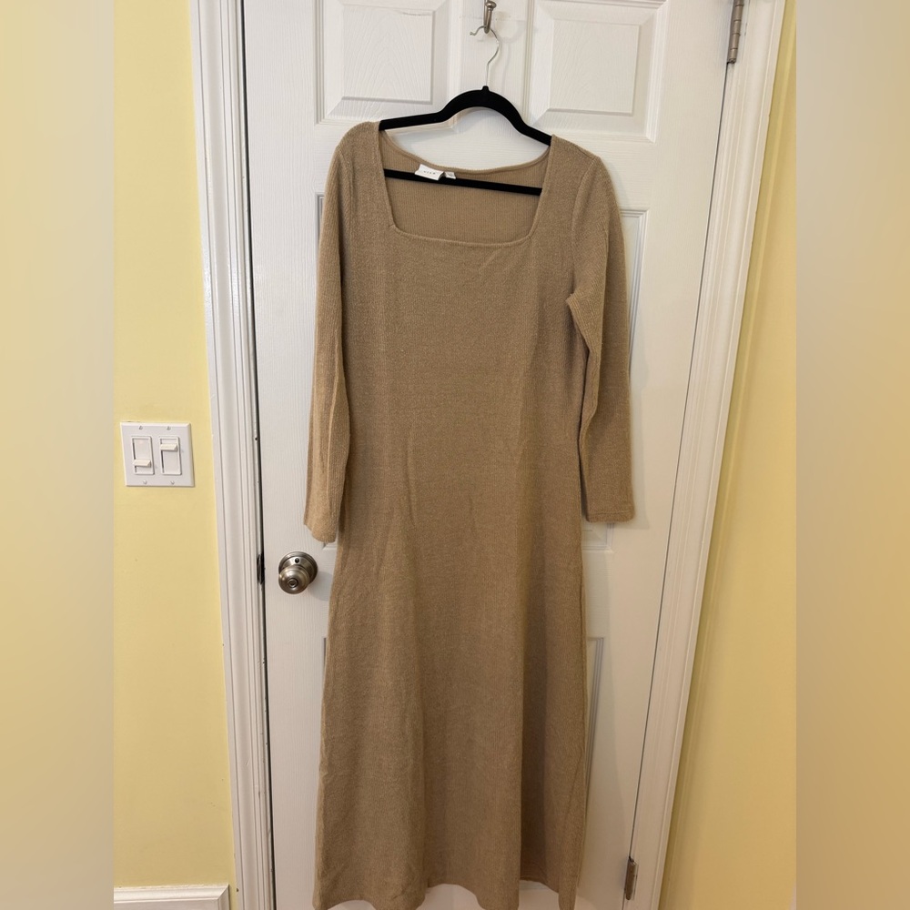 VILA long sleeve square neck knitted maxi dress in camel